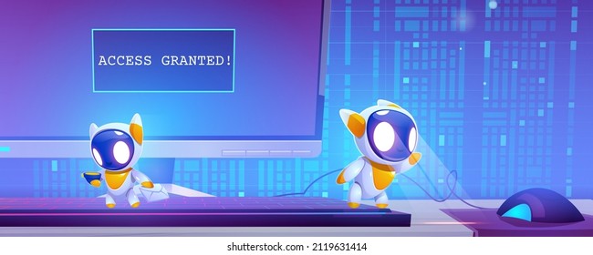 Cute robots, digital assistants on computer keyboard. Vector cartoon illustration of chat bots, funny electronic cyborgs with AI and computer screen with granted access