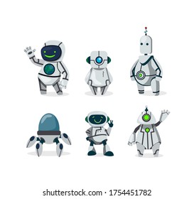 Robots pequeños conjunto de iconos planos. Caricatura de personajes futuristas ciborg aislados de la colección de ilustraciones vectoriales. Concepto de futuro y comunicación