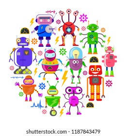 Cute robots in flat style on white background