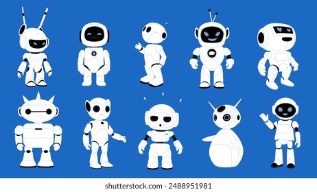 Cute robots, futuristic chatbot characters set. Group of different smart chat bots with antenna and friendly gestures on blue background, cartoon artificial intelligent mascots vector illustration