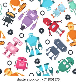 Cute robots futuristic kids vector seamless pattern. Cyborg character and robot android illustration