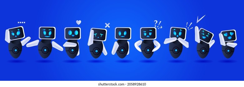 cute robots group discussing during meeting communication artificial intelligence technology concept