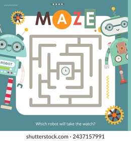 Cute Robots Maze game for children. Help Robot find correct path. Vector illustration. Labyrinth for kids activity book. Book square format.