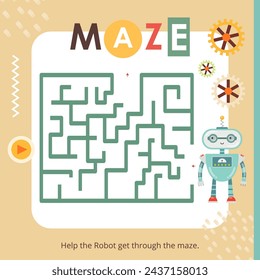 Cute Robots Maze game for children. Help Robot find correct path. Vector illustration. Labyrinth for kids activity book. Book square format.