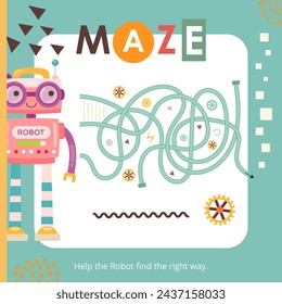 Lindo laberinto de robots juego para niños. Ayuda a Robot a encontrar el camino correcto. Ilustración vectorial. Laberinto para niños libro de actividades. Formato cuadrado del libro.