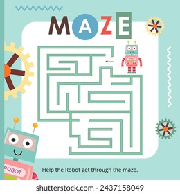 Cute Robots Maze game for children. Help Robot find correct path. Vector illustration. Labyrinth for kids activity book. Book square format.