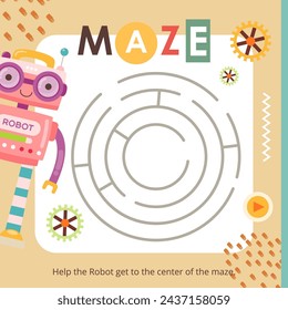 Lindo laberinto de robots juego para niños. Ayuda a Robot a encontrar el camino correcto. Ilustración vectorial. Laberinto para niños libro de actividades. Formato cuadrado del libro.