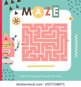 Cute Robots Maze game for children. Help Robot find correct path. Vector illustration. Labyrinth for kids activity book. Book square format.