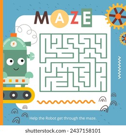 Cute Robots Maze game for children. Help Robot find correct path. Vector illustration. Labyrinth for kids activity book. Book square format.