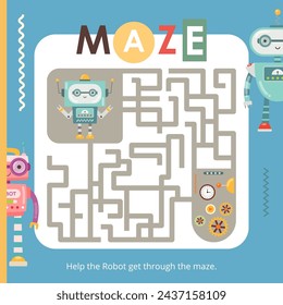 Cute Robots Maze game for children. Help Robot find correct path. Vector illustration. Labyrinth for kids activity book. Book square format.