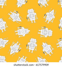 Cute Robots on Yellow Background Seamless Vector Pattern