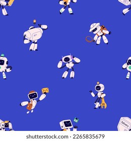 Cute robots, seamless kids pattern. Android characters, endless background. Retro-styled bots, funny futuristic machines, repeating print. Childish flat vector illustration for fabric, textile