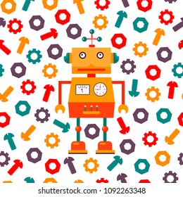 Cute robots seamless pattern. Flat image. Bright colors. Vector illustration.