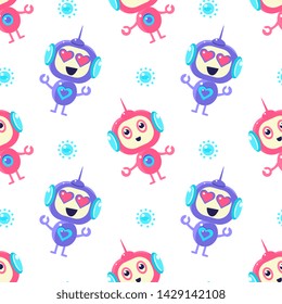 Cute Robots Seamless Pattern, Friendly Alien or Robot Design Element Can Be Used for Fabric, Wallpaper, Packaging Vector Illustration