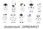 Cute robots set, artificial intelligent assistants. Funny futuristic white android, digital chatbots and machines with heart eyes and antenna, smart AI technology mascots cartoon vector illustration