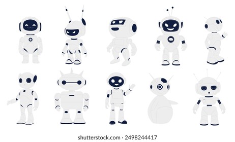 Cute robots set, artificial intelligent assistants. Funny futuristic white android, digital chatbots and machines with heart eyes and antenna, smart AI technology mascots cartoon vector illustration