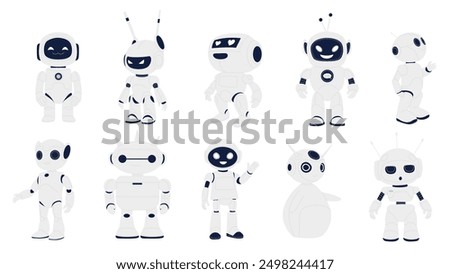 Cute robots set, artificial intelligent assistants. Funny futuristic white android, digital chatbots and machines with heart eyes and antenna, smart AI technology mascots cartoon vector illustration
