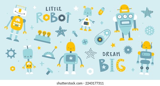 Cute robots set for kids. Cartoon robotic collection. Funny naive robots sticker bundle.