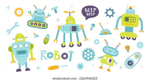 Cute robots set for kids. Cartoon funny robotic collection for baby boys. Funny cyborgs sticker bundle.