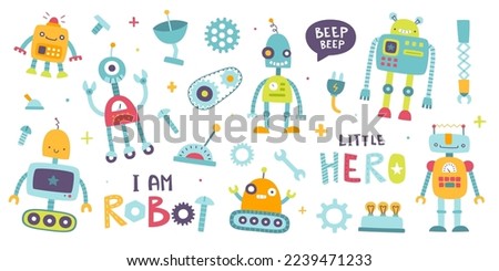 Cute robots set for kids. Cartoon funny robotic collection for baby boys. Funny machine sticker bundle.