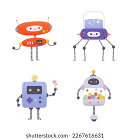 Cute robots set vector illustration. Cartoon childish collection with futuristic funny smart characters, automation machines and digital bot, android on wheels and toy cyborg with robotic arm.