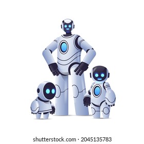 cute robots team modern robotic characters standing together artificial intelligence technology concept