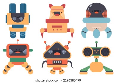 Cute robots vector cartoon characters set isolated on a white background.