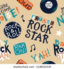 Cute rock graffiti lettering seamless pattern. Hand drawn colorful doodle cartoon letters. Ideal for baby clothes, textiles, wallpaper, wrapping paper