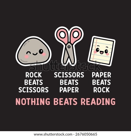 Cute Rock Paper Scissors Book Illustration with Funny Quote Nothing Beats Reading – Kawaii Cartoon Design for Education, School, Literacy, and Book Lovers