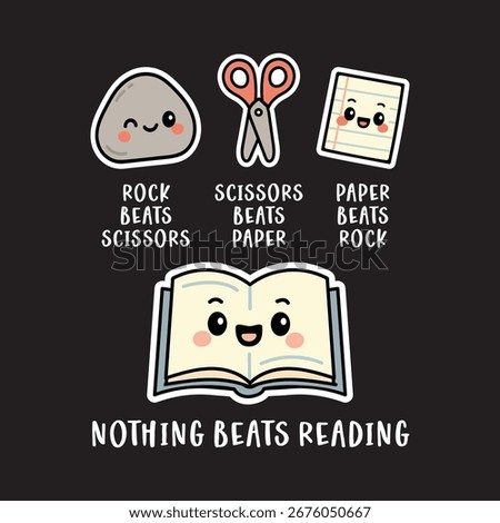 Cute Rock Paper Scissors Book Illustration with Funny Quote Nothing Beats Reading – Kawaii Cartoon Design for Education, School, Literacy, and Book Lovers