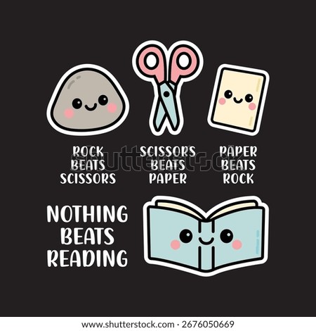 Cute Rock Paper Scissors Book Illustration with Funny Quote Nothing Beats Reading – Kawaii Cartoon Design for Education, School, Literacy, and Book Lovers