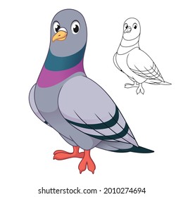 Cute Rock Pigeon Standing with Line Art Drawing, Animal Birds, Vector Character Illustration, Cartoon Mascot Logo in Isolated White Background.