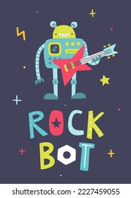 Robot de rock lindo con bajorguitarra. Cartel de un bot de rock para niños. Impresión vectorial para bebé con roca robótica y rollo.