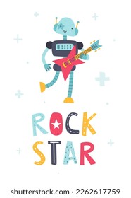 Robot de rock lindo con bajorguitarra. Afiche de la estrella de rock robot de dibujos animados para niños. Huella vectorial para bebé con divertido robot de rock y roll.