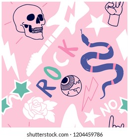 Cute rock seamless pattern. Skull, guitar, snake,rose,star,sunglasses drawing.Cute repeat pattern for kids.Vector illustration design for fashion fabrics, textile graphics, prints, wallpapers.