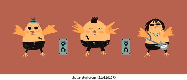 Cute rocker birds. Set of funny birds. Vector illustration with isolated pink background. Bird pattern for textile. Funny parrots. Birds musicians.