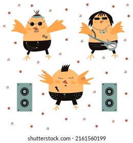 Cute rocker birds. Set of funny birds. Vector illustration with isolated  background. Bird pattern for textile. Funny parrots. Birds musicians.