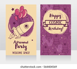 Cute  rocket with balloons on starry background, funny invitation cards for cosmic birthday party, vector illustration