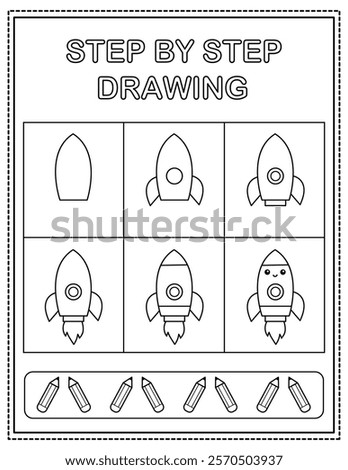 Cute rocket. Book page, drawing step by step. Black and white vector coloring page.