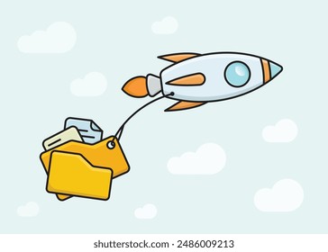 Un cohete lindo que lleva un montón de archivos, carpetas y documentos en el cielo ilustración plana minimalista