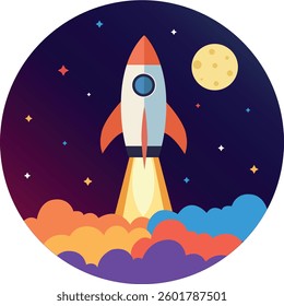 Cute rocket cartoon launching from earth to space above the sky in vector illustration for children book, clip art, poster, graphic element
