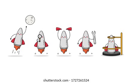 Cute Rocket Character Set 1: fly to the moon, searching with magnifying glass, look at my wings, fixing and resting on hangar