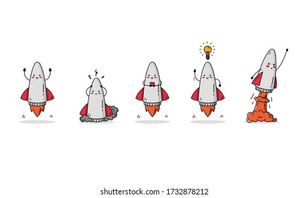 Cute Rocket Character Set 2: peace sign, malfunction, love, idea and, up up and away