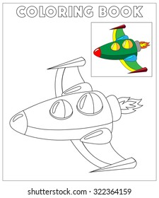 Cute rocket, coloring page illustration. Coloring book Spaceship. Green funny cartoon vector outline illustration rocket ship isolated on white background. eps10 vector illustration.