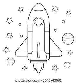 Cute rocket coloring page with stars planets and space exploration elements in illustration
