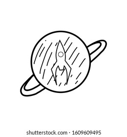 Cute rocket drawing in doodle style. Illustration on the theme of space exploration, the study of planets, the search for other galaxies.