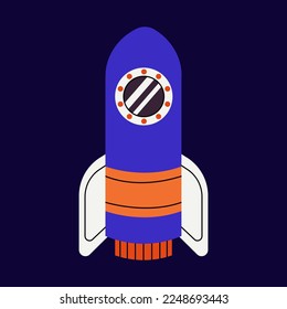 Cute rocket with fire, spaceship in outer space. Fantastic galaxy, cosmic rocketship, spacecraft in cosmos. Childish universe, space exploration. Cartoon vector.