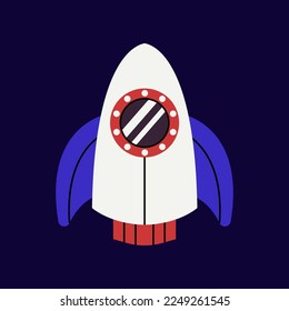 Cute rocket with fire, spaceship in outer space. Fantastic galaxy, cosmic rocketship, spacecraft in cosmos. Childish universe, space exploration. Cartoon vector.