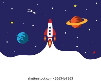 Cute Rocket Flies in Space Place for Text. Cosmos, science and successful business start up project vector