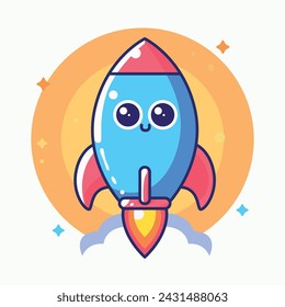 Cute rocket flying to the space cartoon vector flat illustration